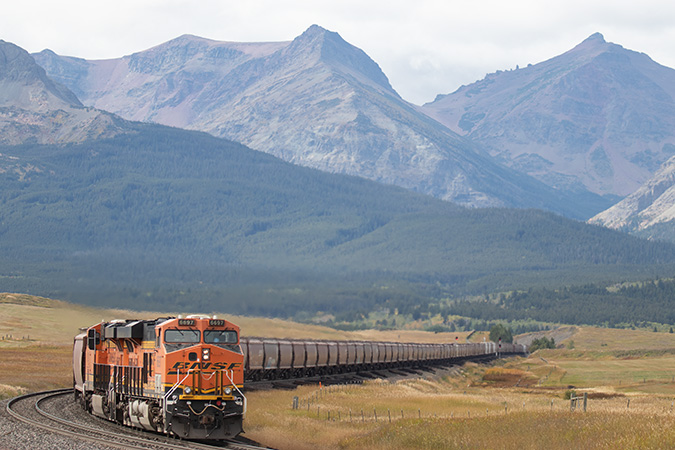 A grain train travels near a mountain pass.